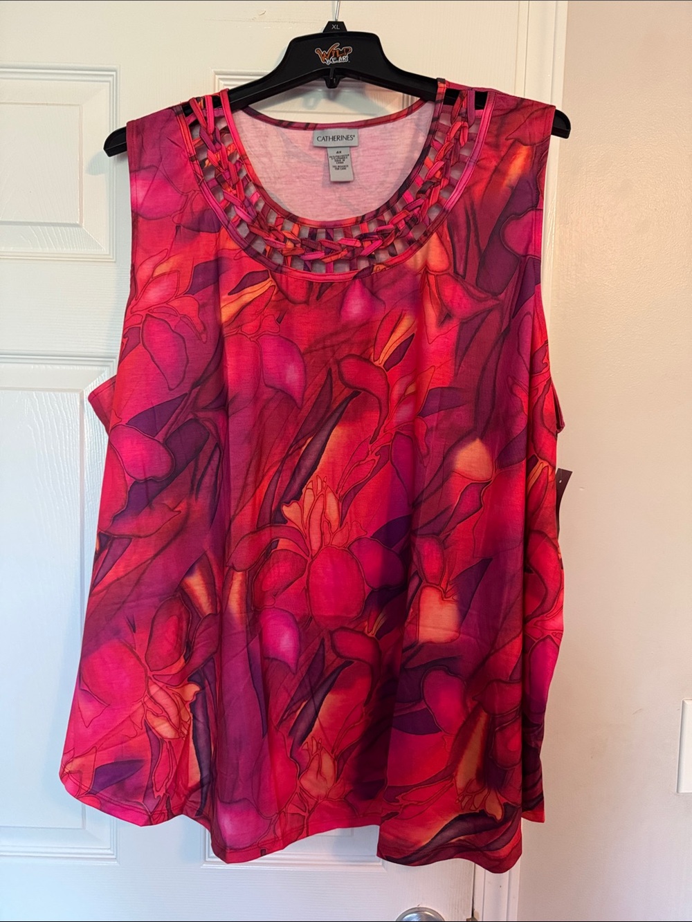 Catherines Vibrant Pink & Purple Floral Sleeveless Top with Woven Neckline